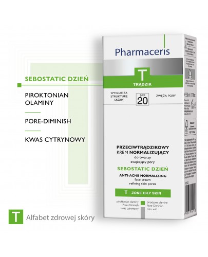 Pharmaceris T Sebostatic Dzień krem przeciwtrądzikowy SPF20 matująco normalizujący do twarzy 50 ml + Pharmaceris T płyn bakteriostatyczny 80 ml GRATIS