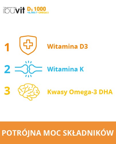 IbuVit D3 + K2 MK-7 1000 Omega-3 witamina D3 dla dzieci 6+, młodzieży i dorosłych 30 kapsułek