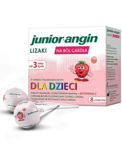 Junior-angin lizaki na ból gardła o smaku truskawkowym dla dzieci 3+ 8 sztuk
