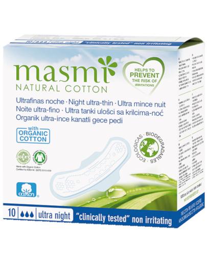 Masmi Natural Cotton ultra cienkie bawełniane podpaski ze skrzydełkami na noc 100% bawełny organicznej 10 sztuk
